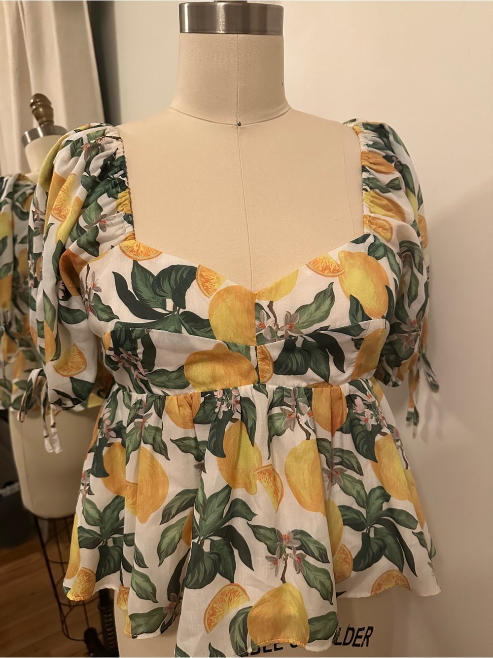 English Factory Floral Lemon Peplum Top in Yellow & Green